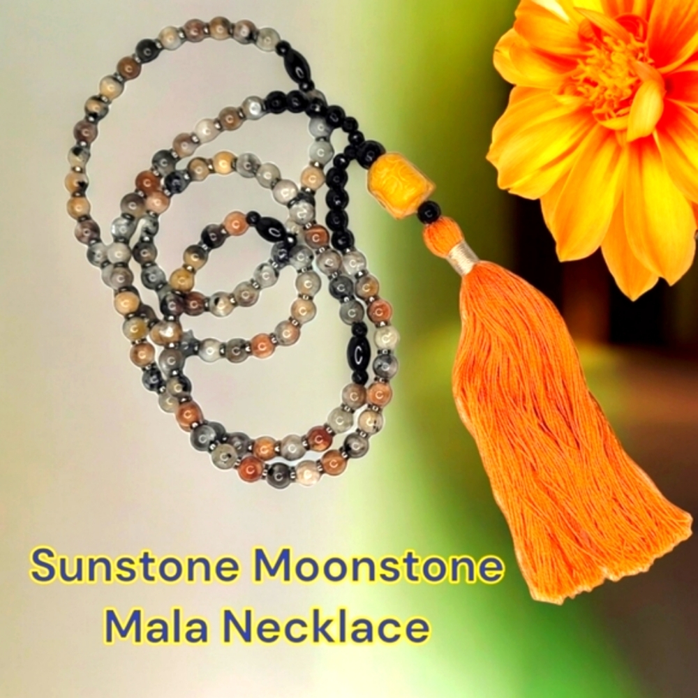 Rare Tanzanian Sunstone Moonstone Mala 108 Gemstone Bead Necklace